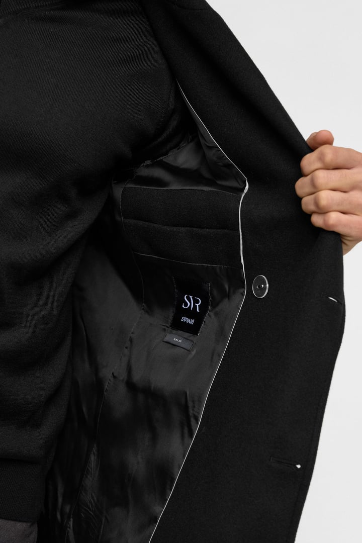 Siyah Slim Düz Kruvaze Yaka Kaban