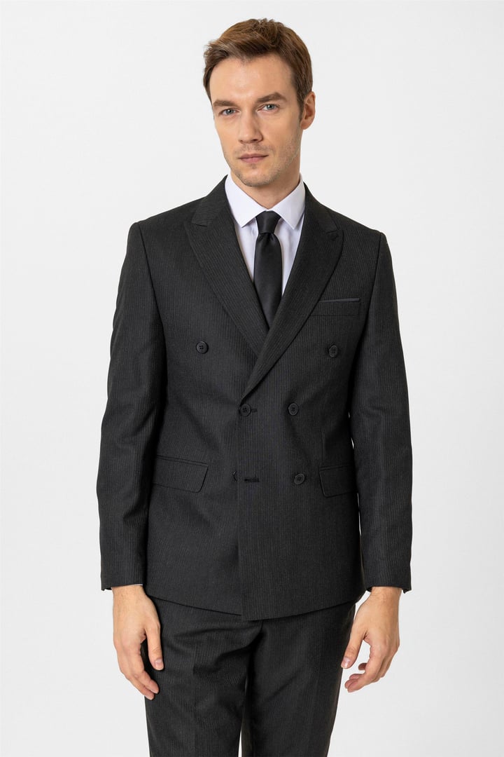 Siyah Slim Fit Düz Kruvaze Yaka 6 Drop Klasik Takım Elbise