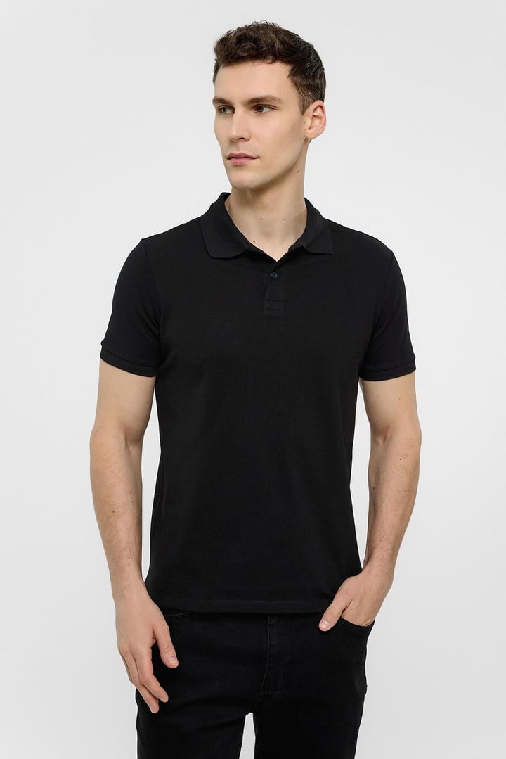 Siyah Slim Düz Polo Yaka Tişört