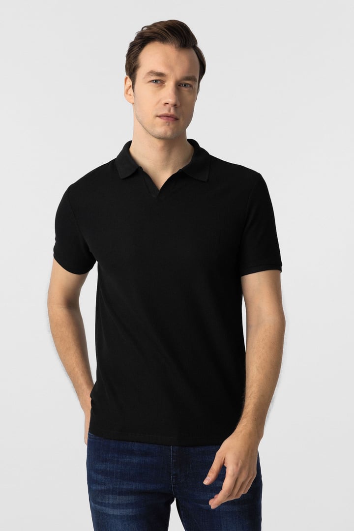 Siyah Slim Fit Armürlü Polo Yaka Tişört