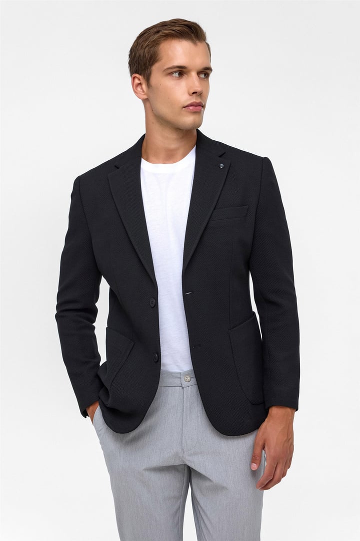 Siyah Slim Fit Desenli Mono Yaka 6 Drop Ceket