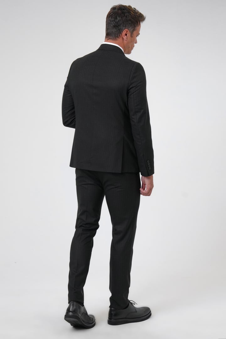 Siyah Slim Fit Desenli Sivri Yaka 6 Drop Klasik Takım Elbise