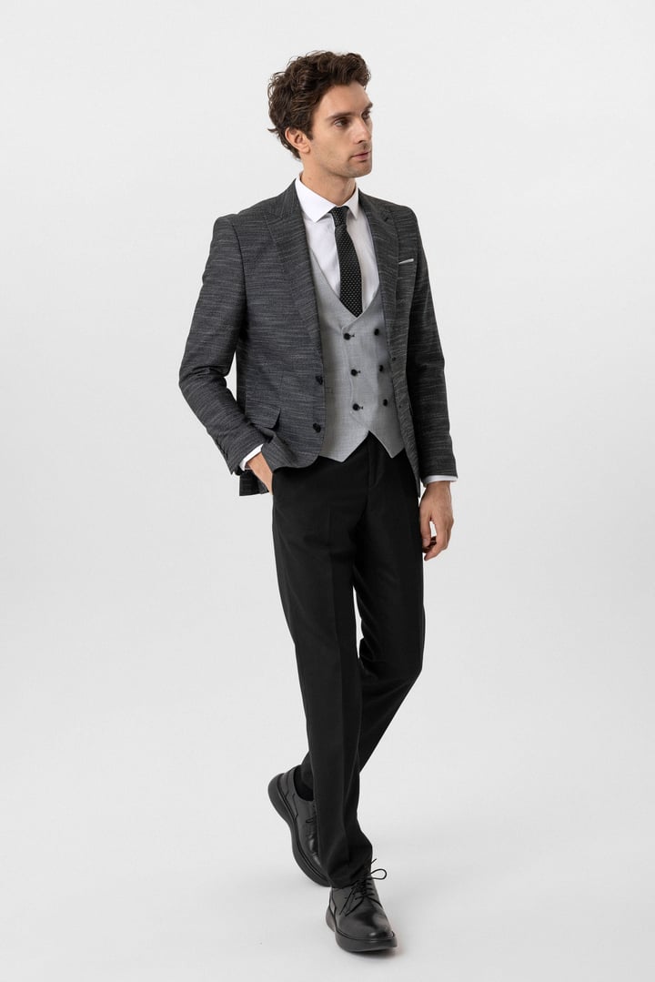 Siyah Slim Fit Desenli Sivri Yaka 6 Drop Yelekli Klasik Takım Elbise