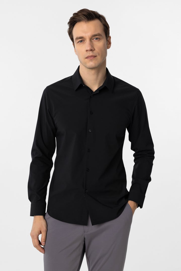 Siyah Slim Fit Düz Klasik Yaka Gömlek