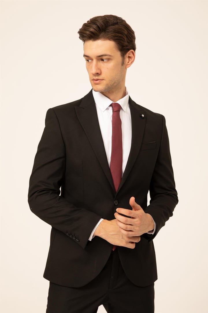 Siyah Slim Fit Düz Sivri Yaka 6 Drop Klasik Takım Elbise