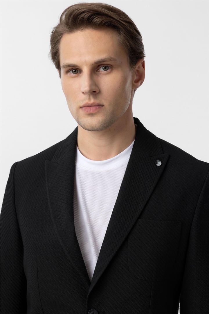 Siyah Slim Fitilli Sivri Yaka 6 Drop Ceket