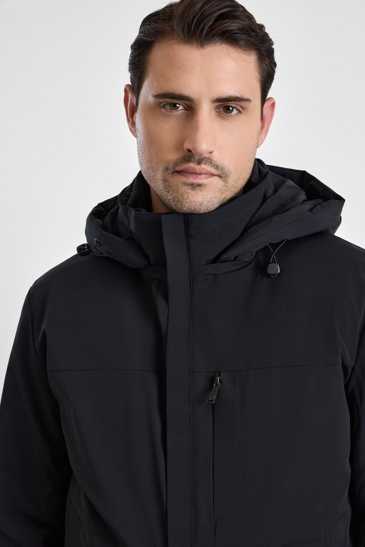 Siyah Slim Klasik Yaka Düz Yan Cepli Fermuar Kapitone Rüzgar Geçirmez Mont