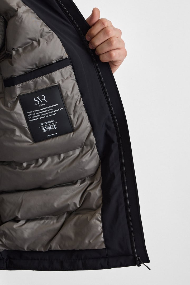 Siyah Slim Klasik Yaka Düz Yan Cepli Fermuar Kapitone Rüzgar Geçirmez Mont