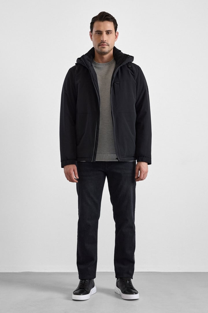 Siyah Slim Klasik Yaka Düz Yan Cepli Fermuar Kapitone Rüzgar Geçirmez Mont