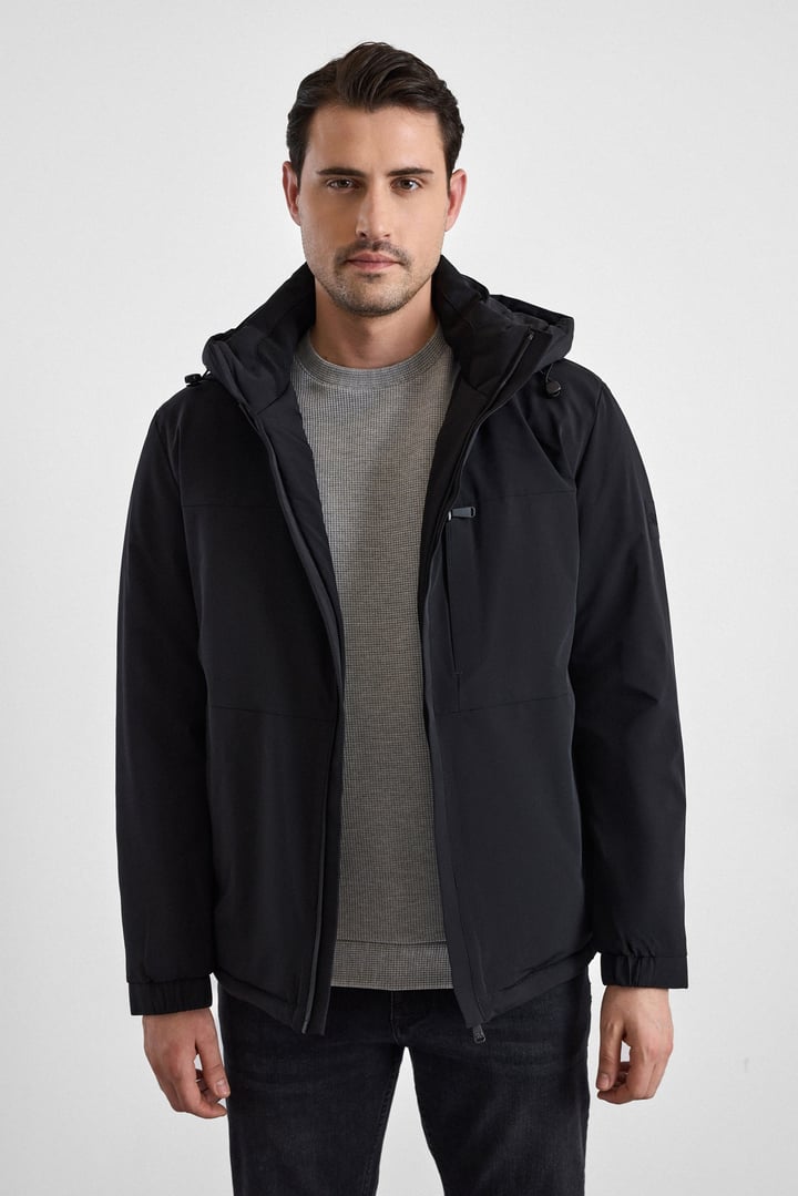 Siyah Slim Klasik Yaka Düz Yan Cepli Fermuar Kapitone Rüzgar Geçirmez Mont