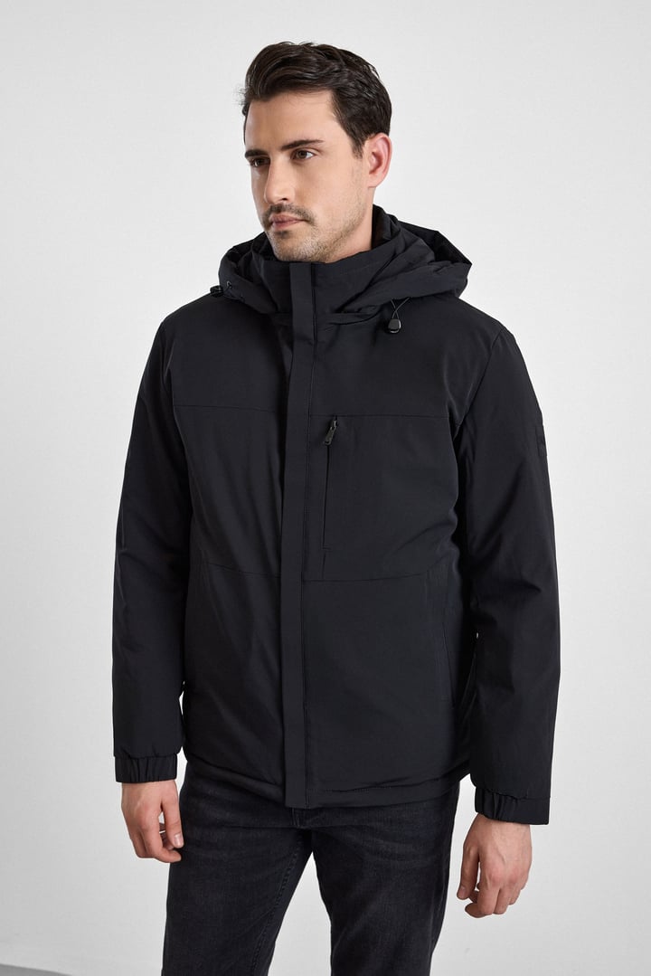 Siyah Slim Klasik Yaka Düz Yan Cepli Fermuar Kapitone Rüzgar Geçirmez Mont