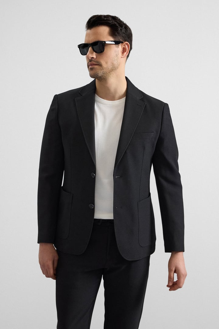 Siyah Slim Mono Yaka Düz Torba Cep 6 Drop Spor Takım Elbise