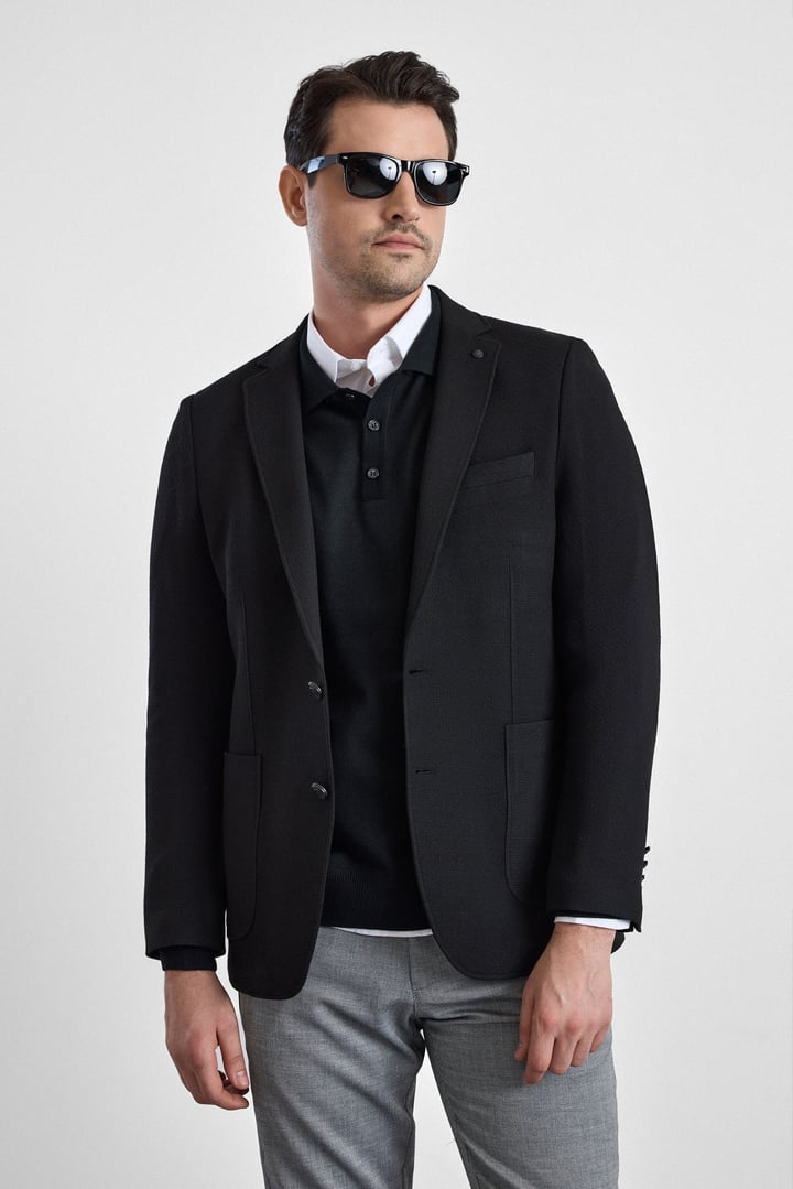 Siyah Slim Sivri Yaka Torba Cep 6 Drop Klasik Ceket