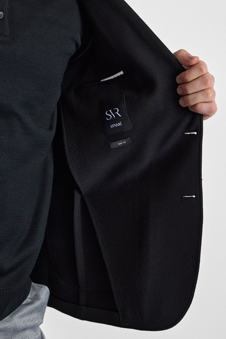 Siyah Slim Sivri Yaka Torba Cep 6 Drop Klasik Ceket