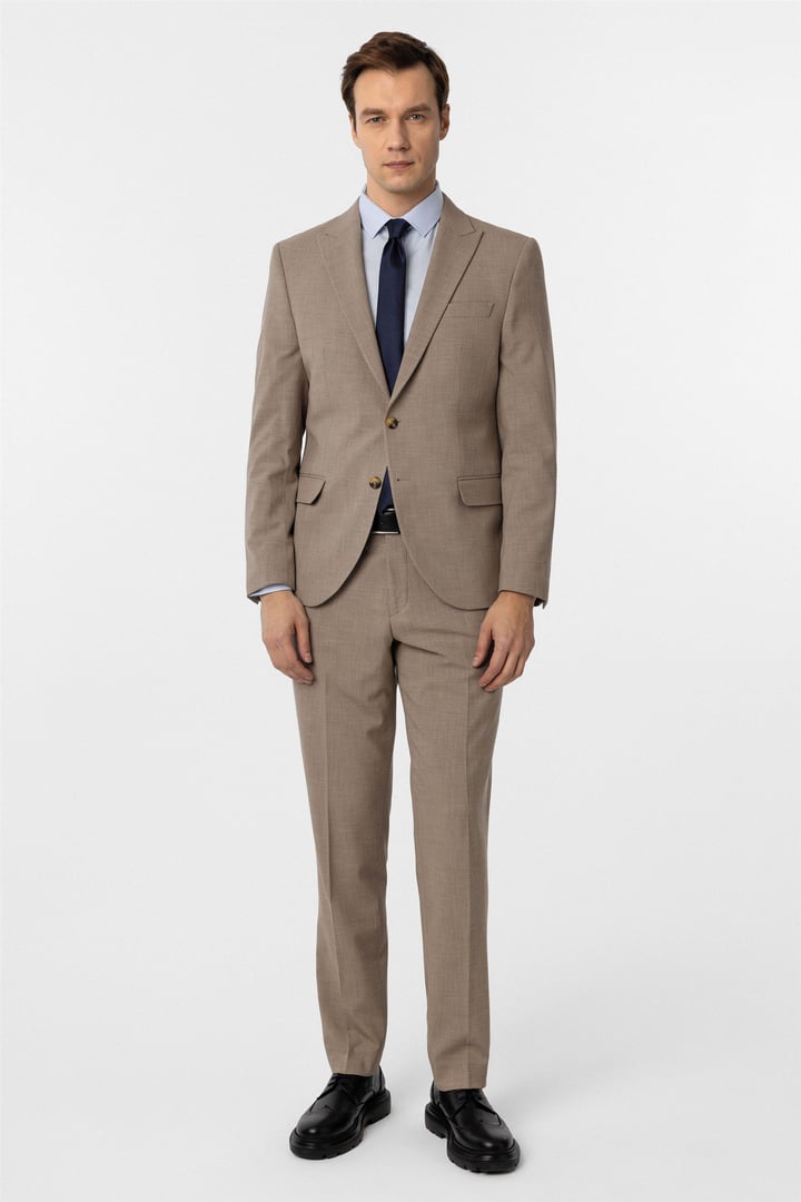 Sütlü Kahve Slim Fit Desenli Sivri Yaka 6 Drop Klasik Takım Elbise