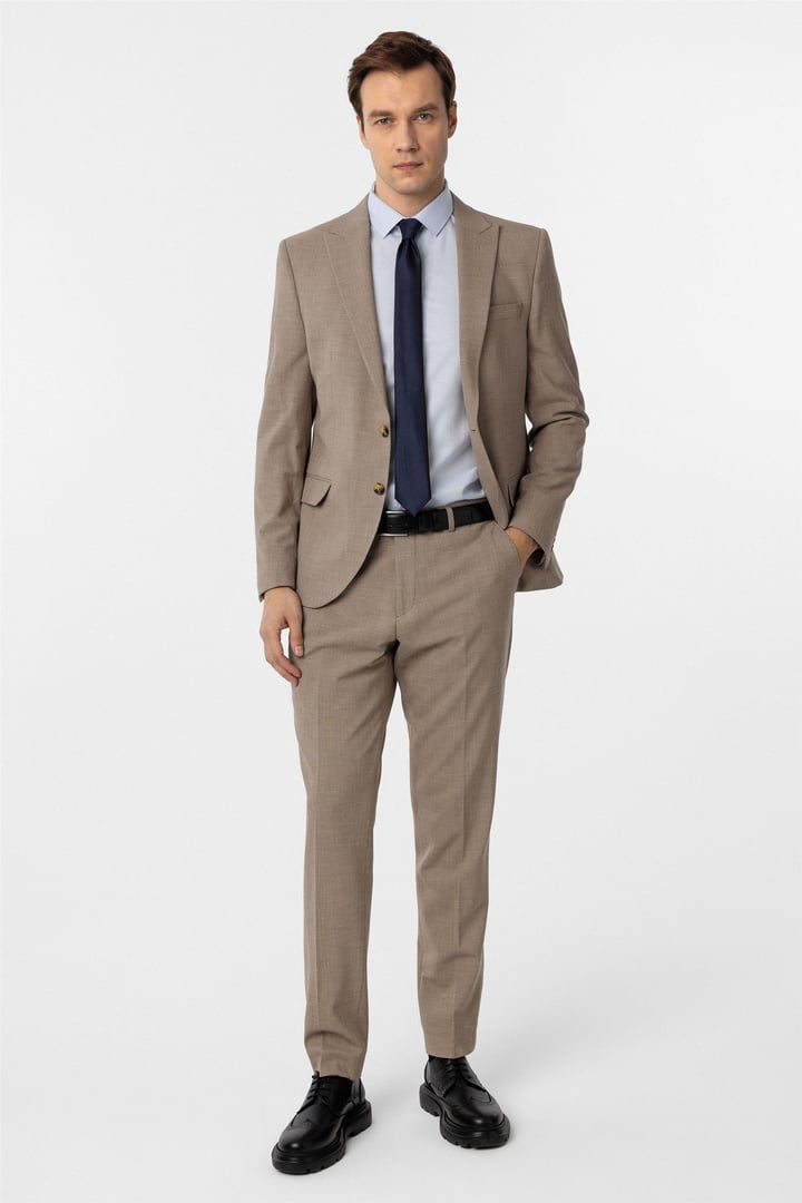 Sütlü Kahve Slim Fit Desenli Sivri Yaka 6 Drop Klasik Takım Elbise