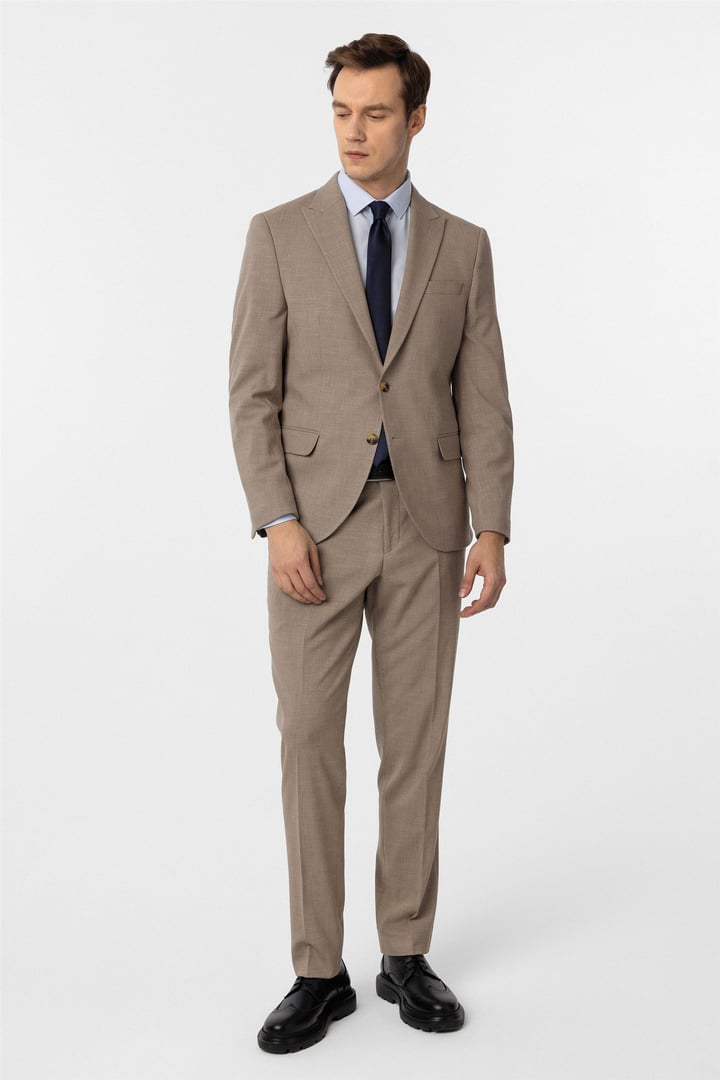 Sütlü Kahve Slim Fit Desenli Sivri Yaka 6 Drop Klasik Takım Elbise