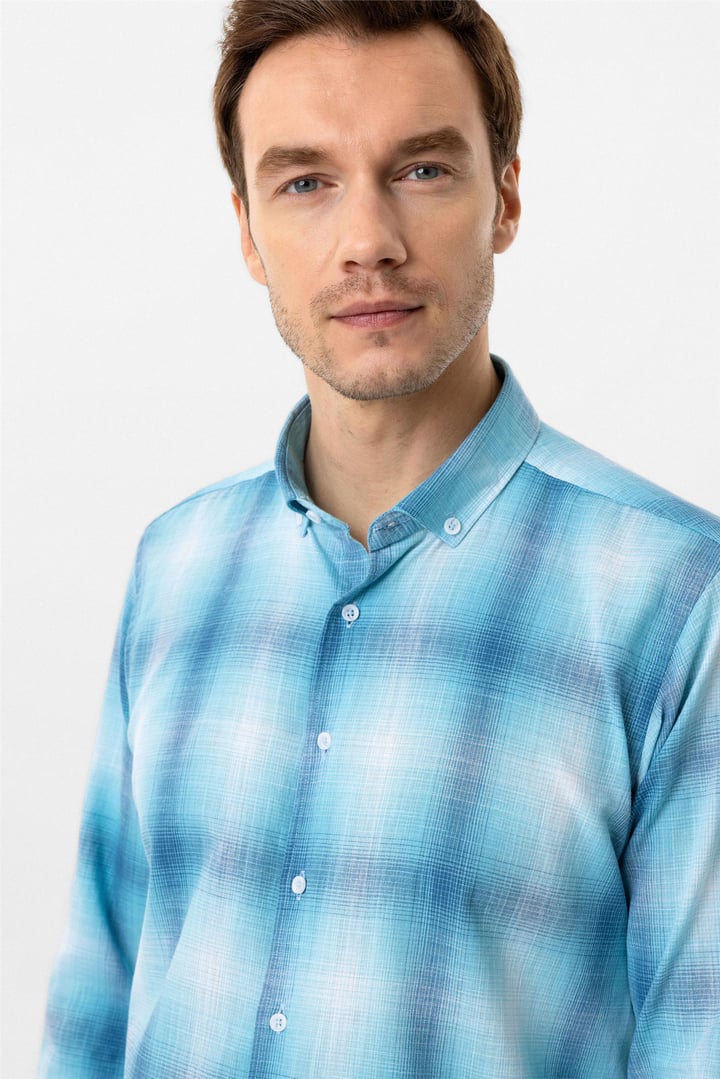 Turkuaz Slim Fit Desenli Düğmeli Yaka Gömlek