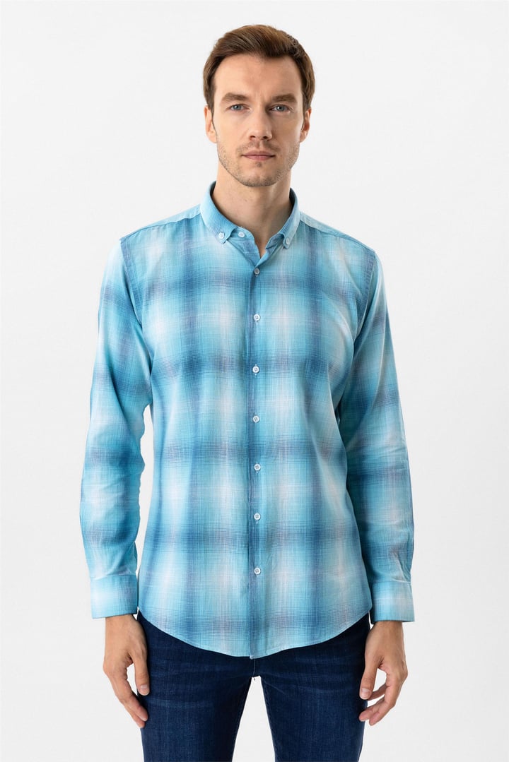 Turkuaz Slim Fit Desenli Düğmeli Yaka Gömlek