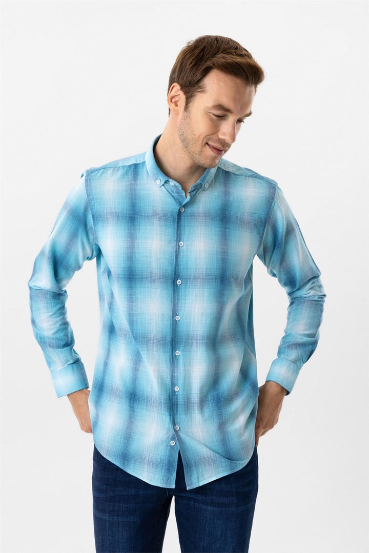 Turkuaz Slim Fit Desenli Düğmeli Yaka Gömlek