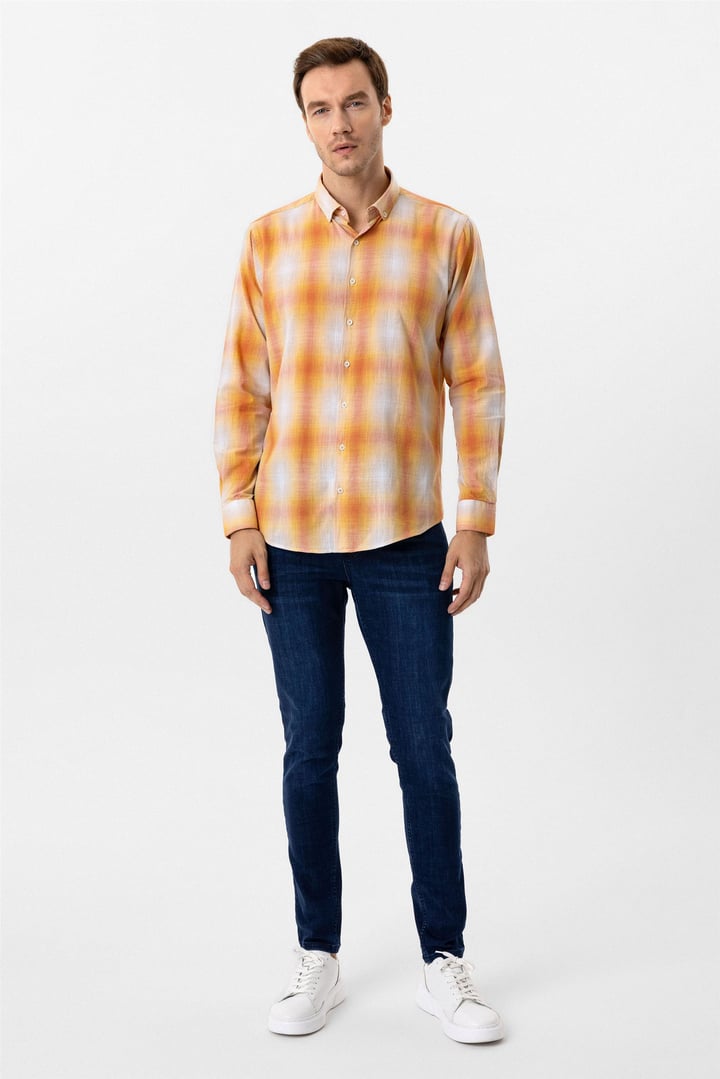 Turuncu Slim Fit Desenli Düğmeli Yaka Gömlek