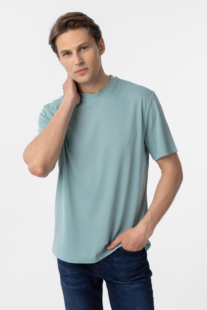 Yeşil Slim Fit Armürlü Bisiklet Yaka Tişört