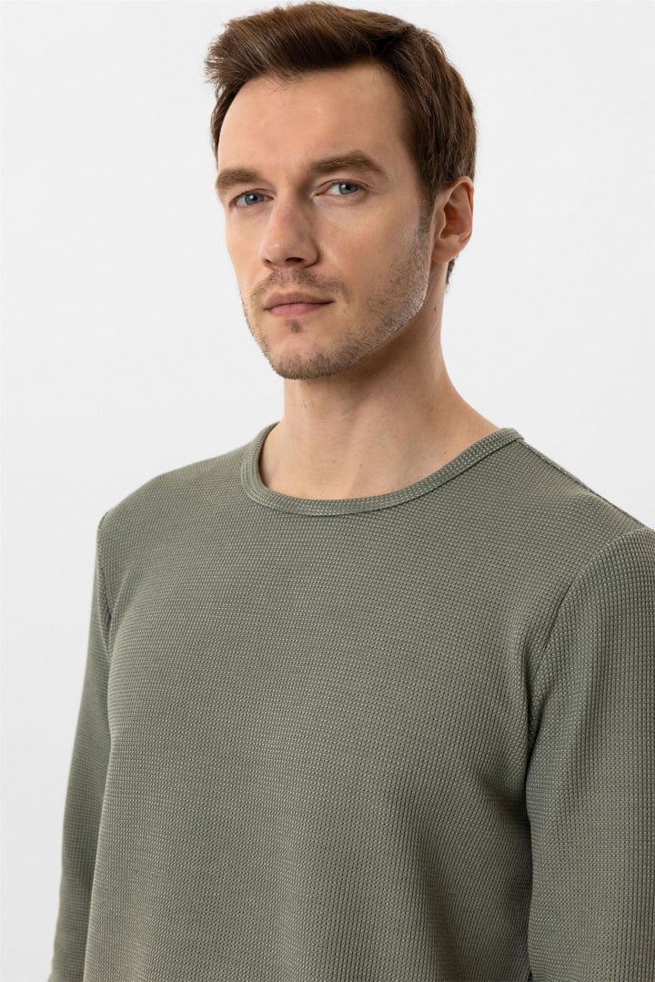 Yeşil Slim Fit Armürlü Bisiklet Yaka Triko Kazak