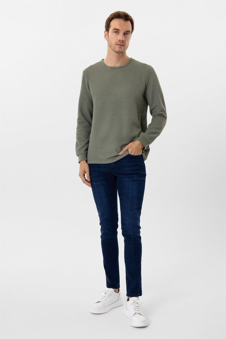 Yeşil Slim Fit Armürlü Bisiklet Yaka Triko Kazak