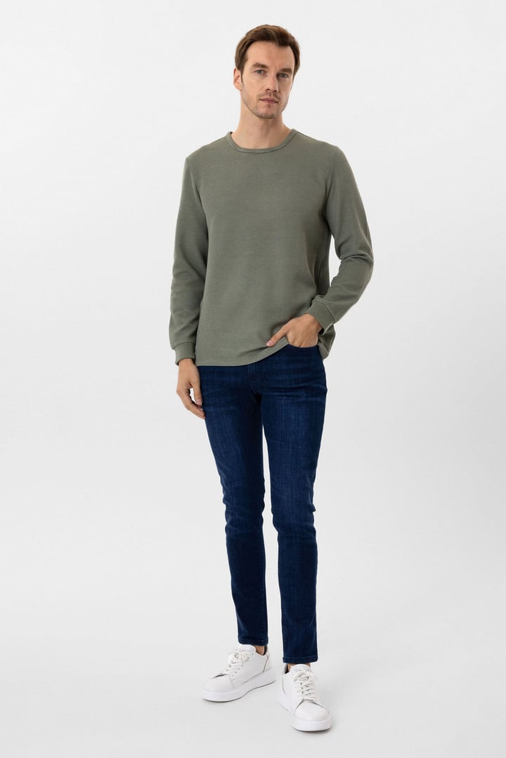 Yeşil Slim Fit Armürlü Bisiklet Yaka Triko Kazak