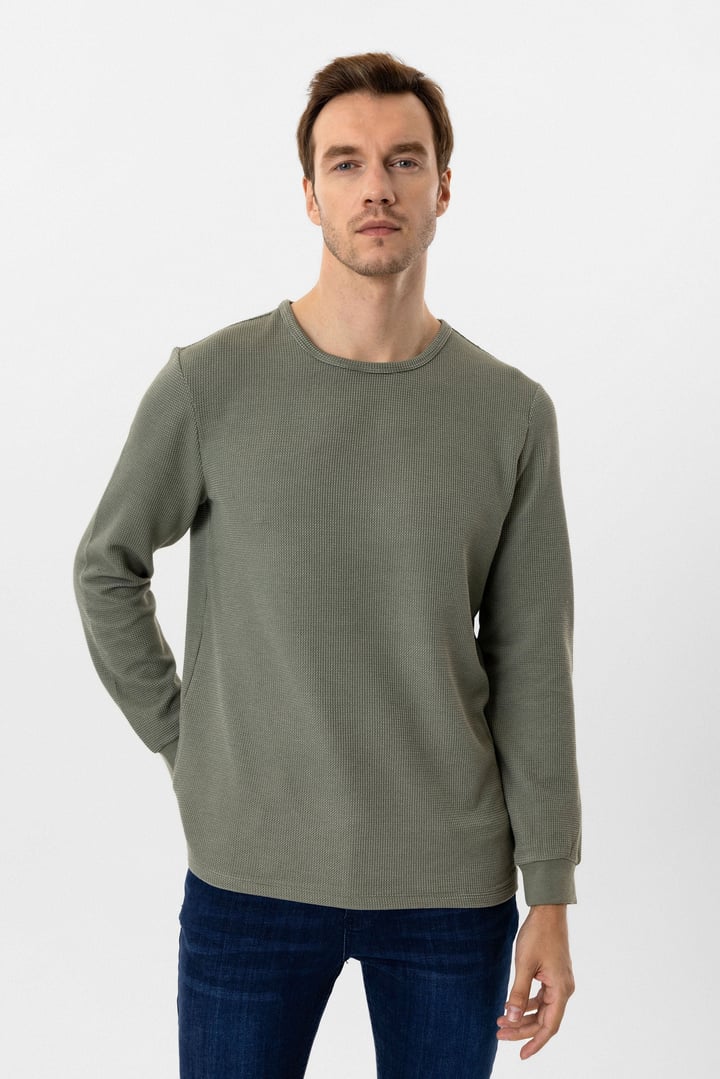 Yeşil Slim Fit Armürlü Bisiklet Yaka Triko Kazak
