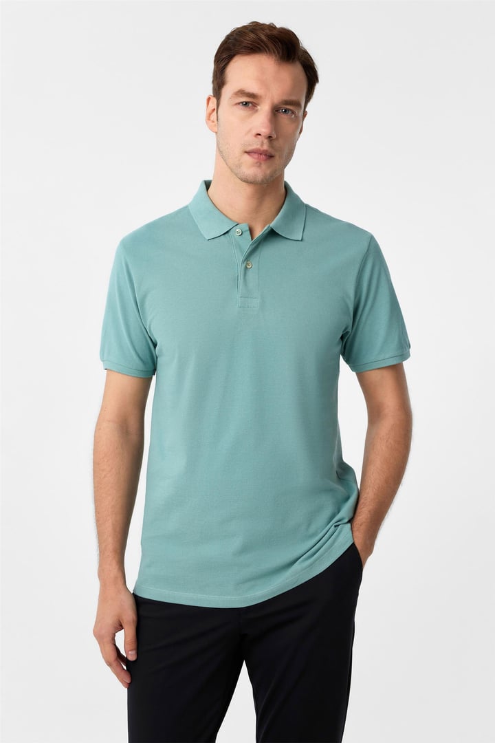 Su Yeşili Slim Fit Armürlü Polo Yaka Tişört