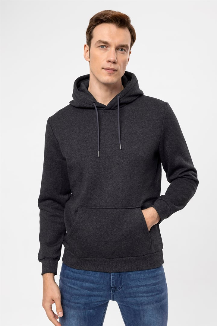 Antrasit Regular Düz Kapişonlu Yaka  Sweatshirt