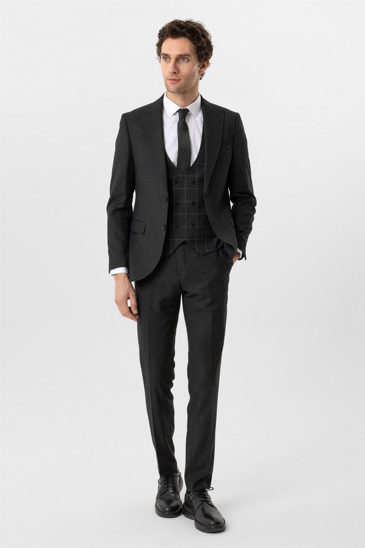 Antrasit Slim Fit Armürlü Sivri Yaka 6 Drop Yelekli Klasik Takım Elbise