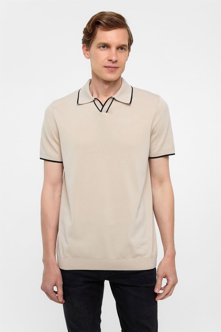 Bej Regular Düz Polo Yaka Triko