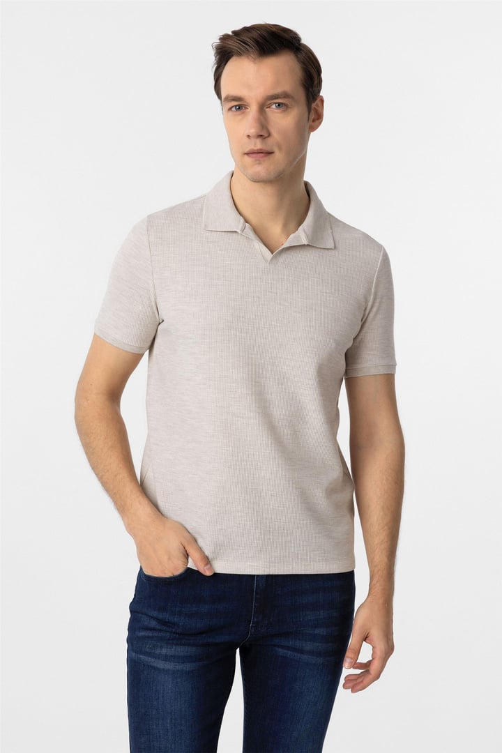 Bej Slim Armürlü Polo Yaka Tişört
