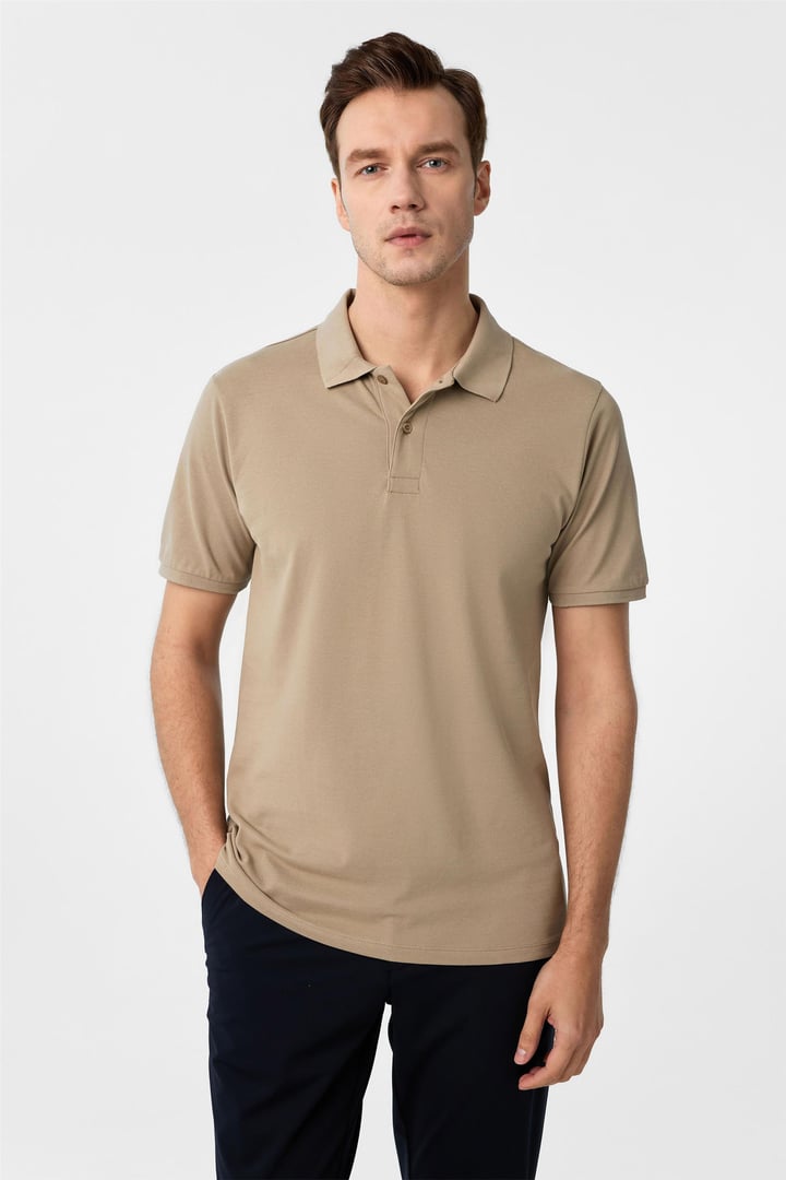 Bej Slim Armürlü Polo Yaka Tişört