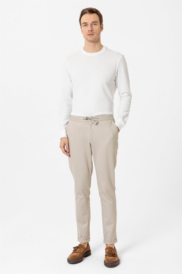 Bej Slim Düz Jogger Pantolon