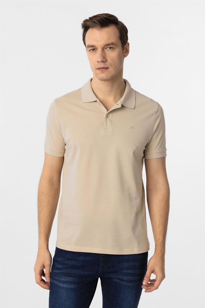 Bej Slim Düz Polo Yaka Tişört