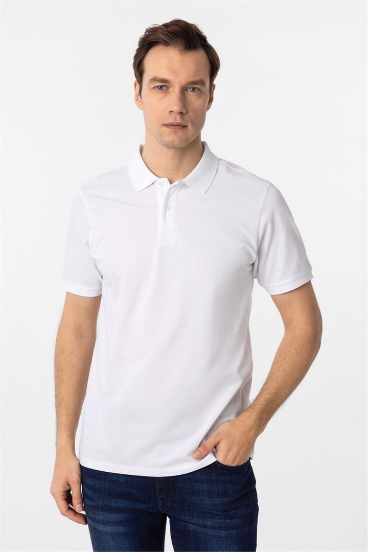 Beyaz Regular Armürlü Polo Yaka Tişört