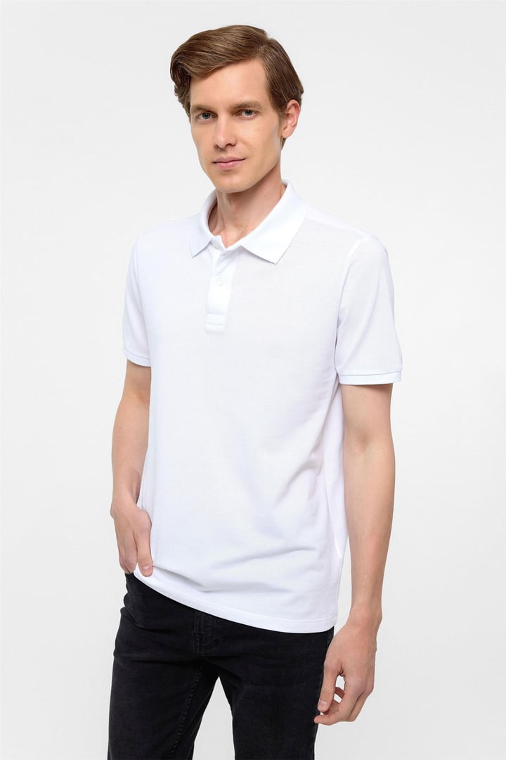 Beyaz Regular Armürlü Polo Yaka Tişört