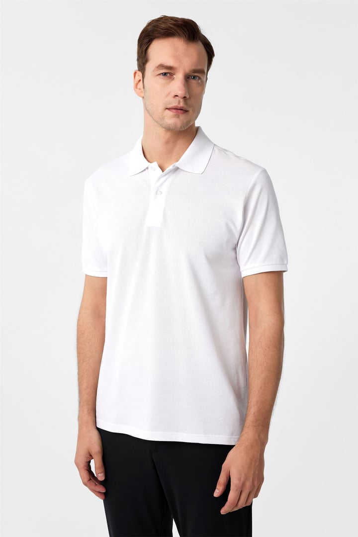 Beyaz Slim Armürlü Polo Yaka Tişört