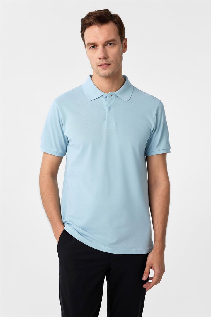 Buz Mavi Slim Armürlü Polo Yaka Tişört
