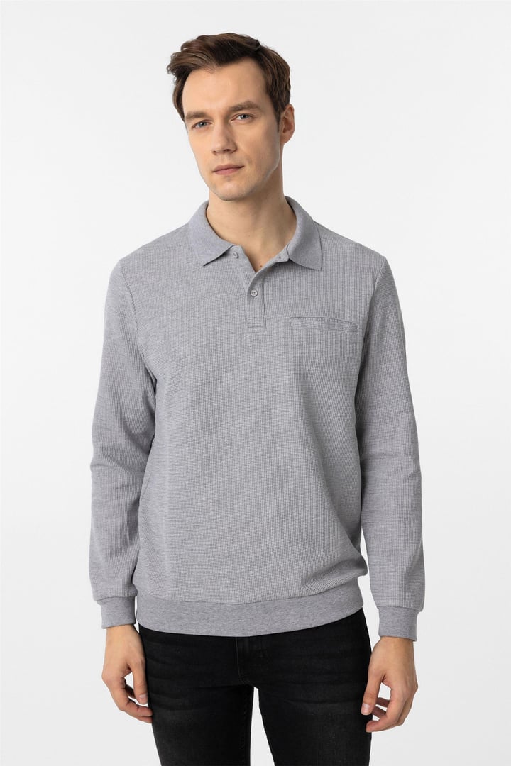 Gri Regular Armürlü Polo Yaka Triko