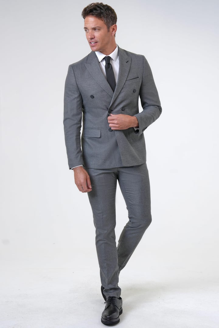 Gri Slim Fit Armürlü Sivri Yaka 6 Drop Klasik Takım Elbise