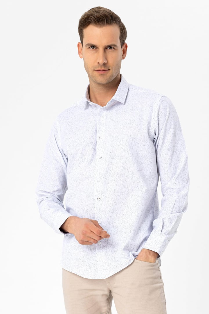 Gri Slim Fit Baskılı Klasik Yaka Gömlek