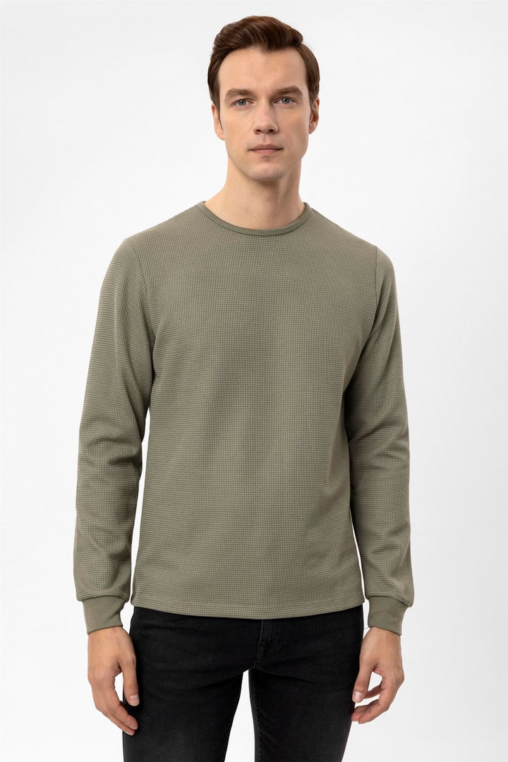 Haki Slim Armürlü O Yaka  Sweatshirt