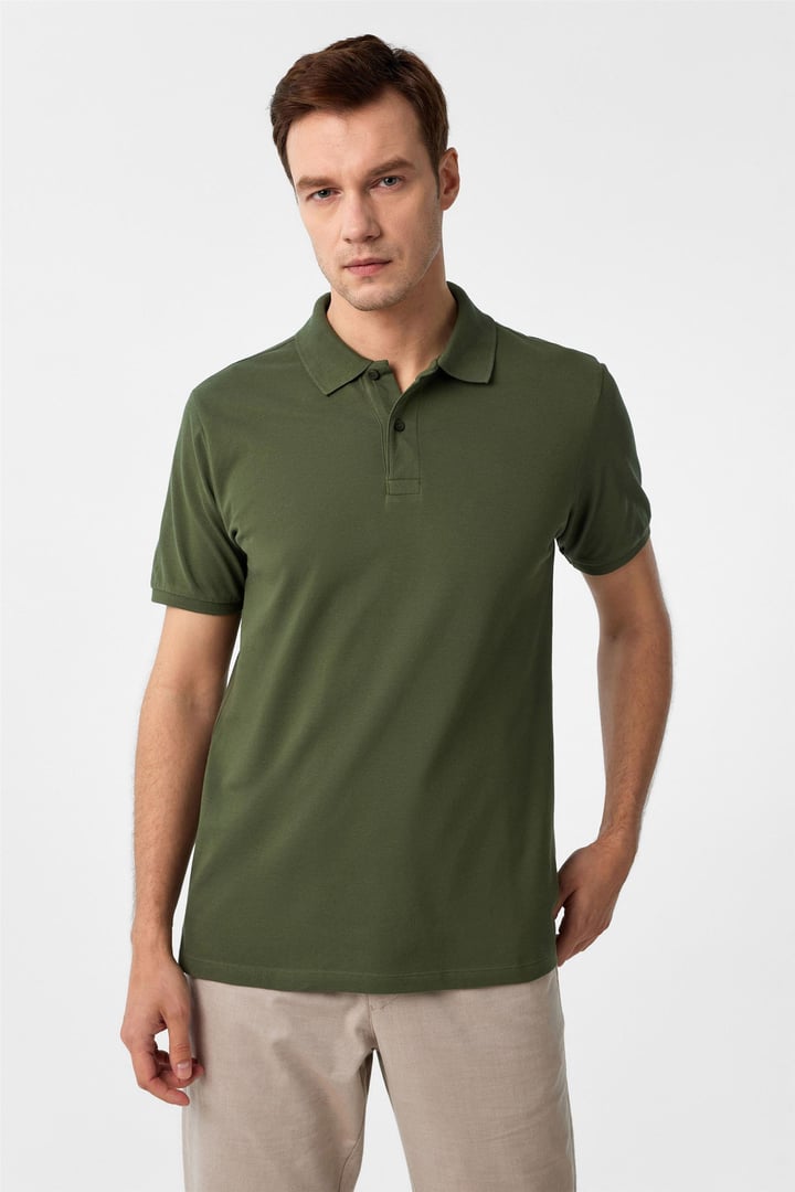 Haki Slim Armürlü Polo Yaka Tişört