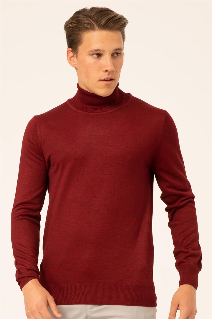Koyu Bordo Regular Düz Balıkçı Yaka  Triko