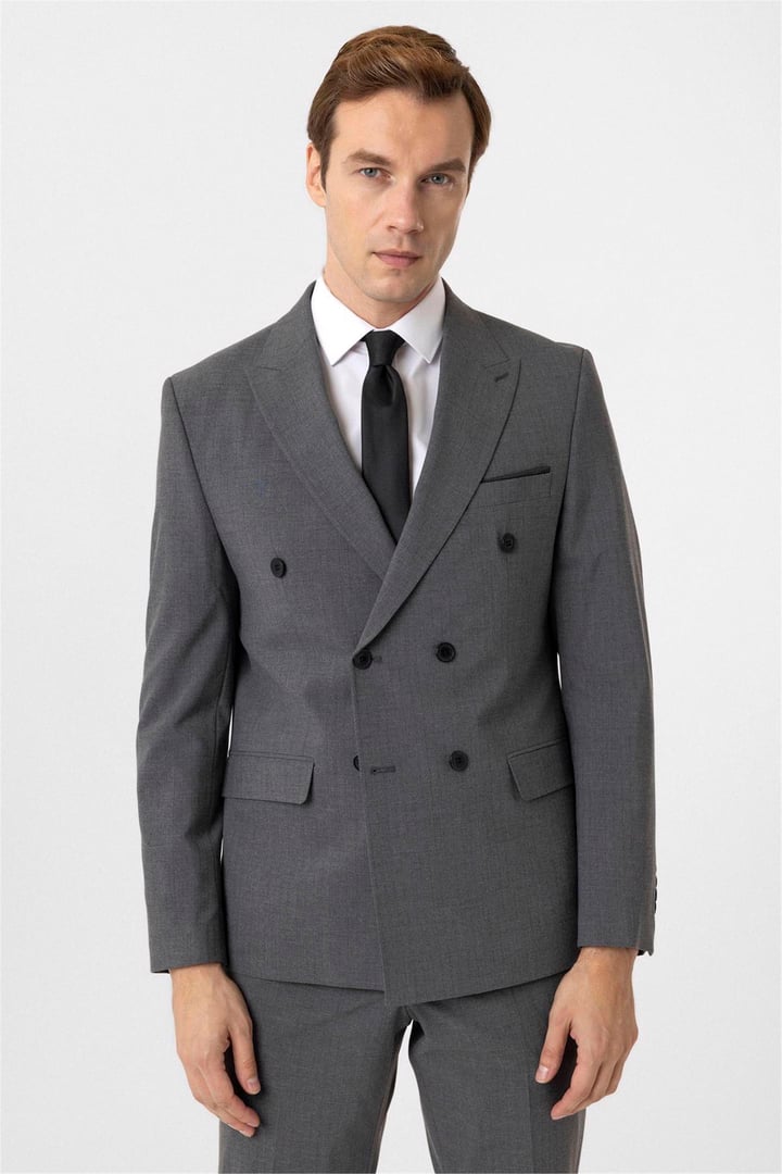 Antrasit Slim Fit Desenli Sivri Yaka 6 Drop Klasik Takım Elbise
