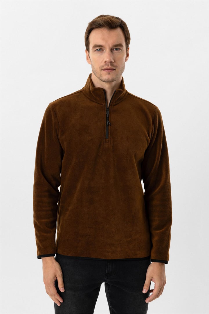 Koyu Kahve Regular Düz Sivri Yaka Sweatshirt